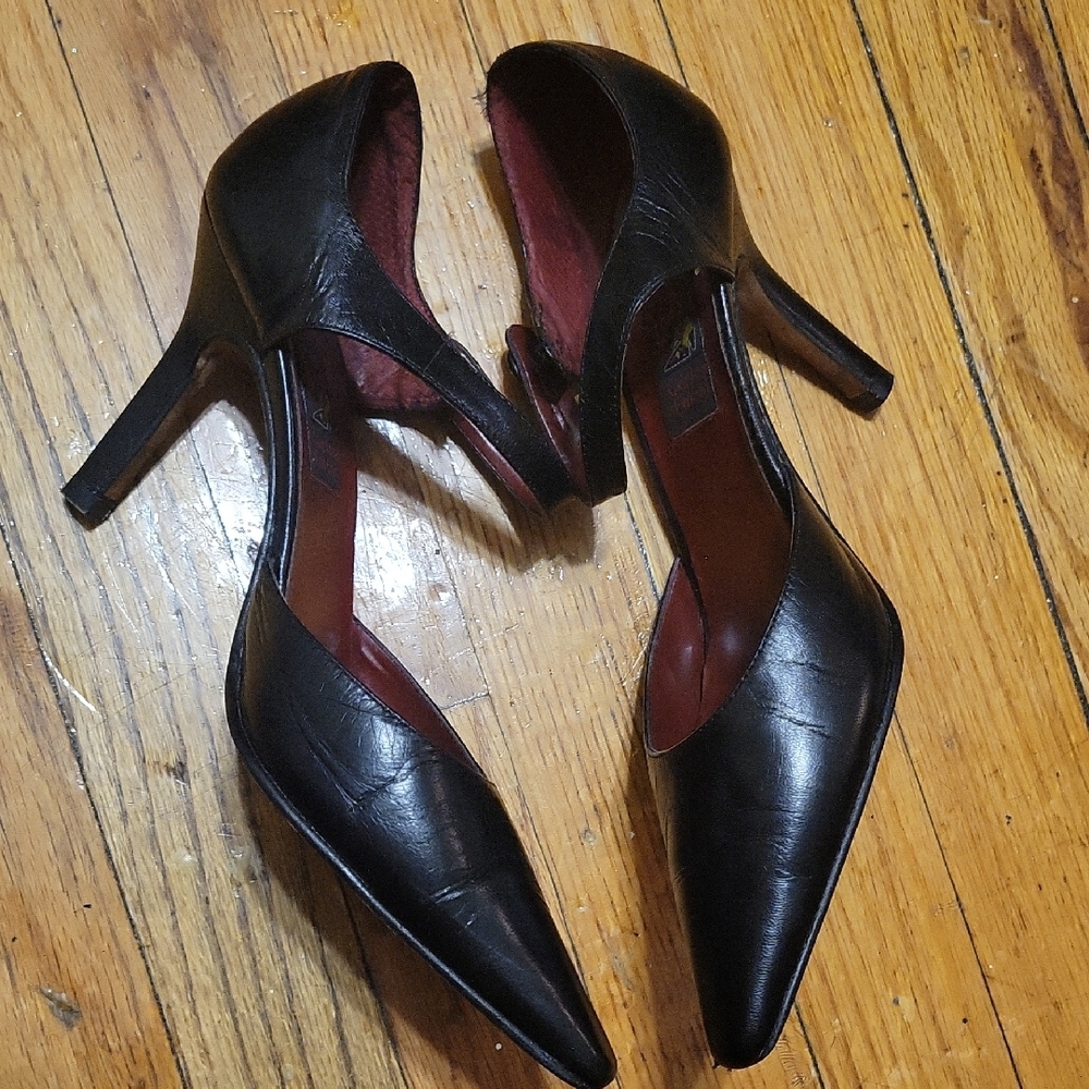 Carlos Falchi Black Leather Pointed Toe High Heels Shoes Size 7 1/2 B - Picture 5 of 16